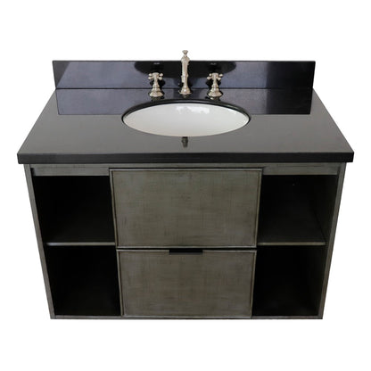 37" Single wall mount vanity in Linen Gray finish with Black Galaxy top and oval sink