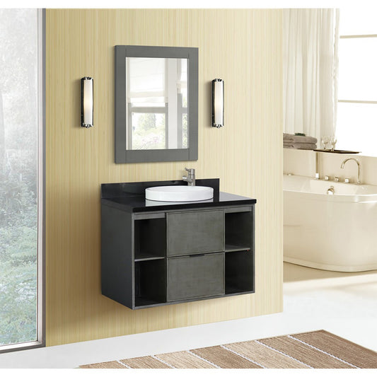 37" Single wall mount vanity in Linen Gray finish with Black Galaxy top and round sink