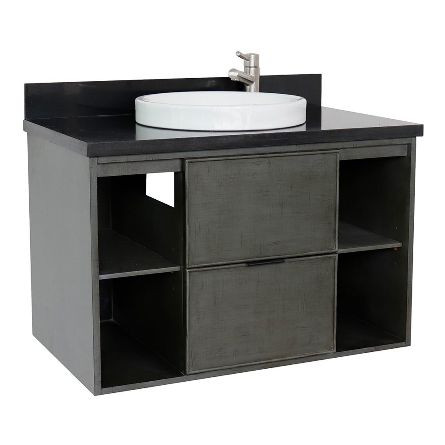 37" Single wall mount vanity in Linen Gray finish with Black Galaxy top and round sink