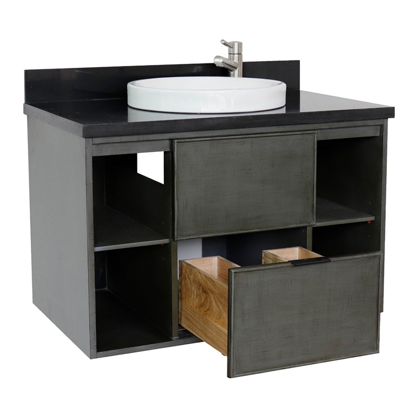 37" Single wall mount vanity in Linen Gray finish with Black Galaxy top and round sink