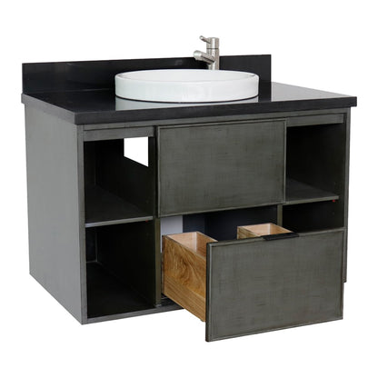 37" Single wall mount vanity in Linen Gray finish with Black Galaxy top and round sink