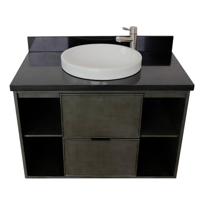 37" Single wall mount vanity in Linen Gray finish with Black Galaxy top and round sink