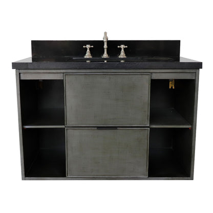 37" Single wall mount vanity in Linen Gray finish with Black Galaxy top and rectangle sink