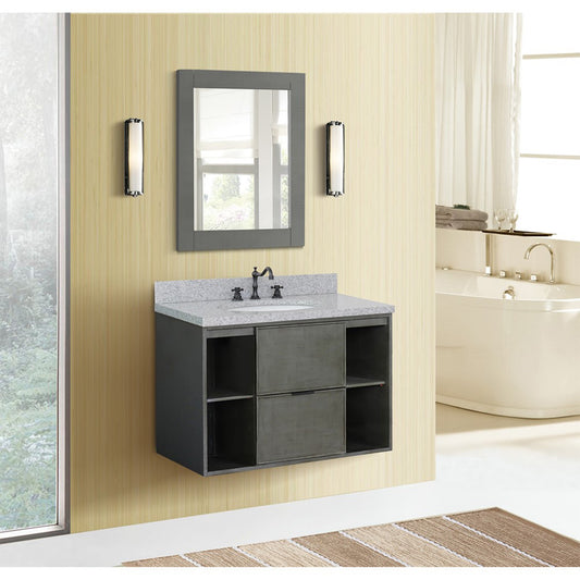 37" Single wall mount vanity in Linen Gray finish with Gray granite top and oval sink