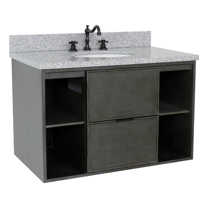37" Single wall mount vanity in Linen Gray finish with Gray granite top and oval sink