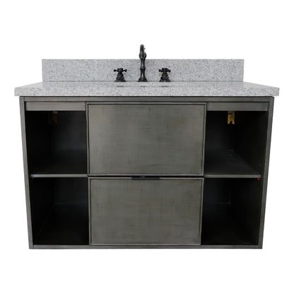 37" Single wall mount vanity in Linen Gray finish with Gray granite top and oval sink