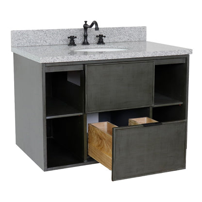 37" Single wall mount vanity in Linen Gray finish with Gray granite top and oval sink