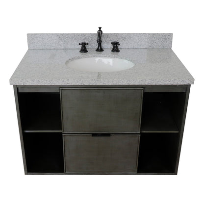 37" Single wall mount vanity in Linen Gray finish with Gray granite top and oval sink