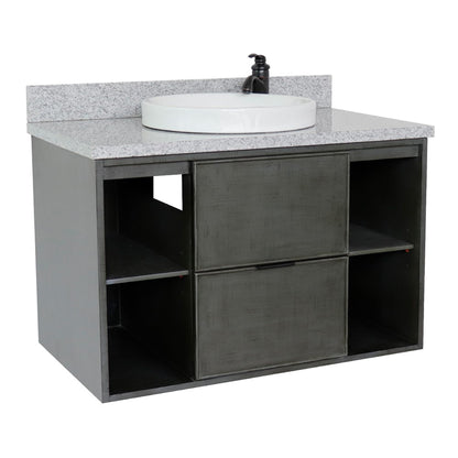 37" Single wall mount vanity in Linen Gray finish with Gray granite top and round sink