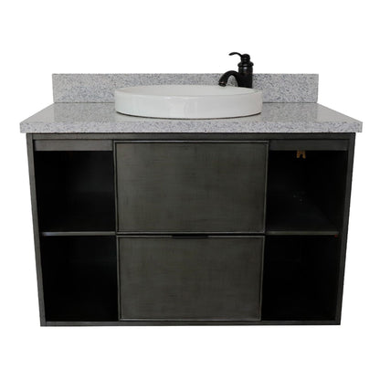 37" Single wall mount vanity in Linen Gray finish with Gray granite top and round sink