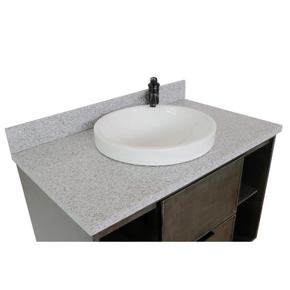 37" Single wall mount vanity in Linen Gray finish with Gray granite top and round sink