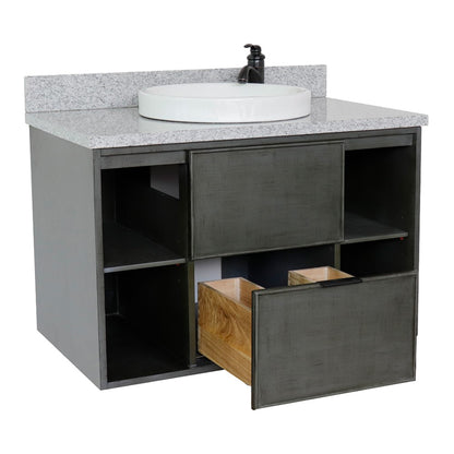 37" Single wall mount vanity in Linen Gray finish with Gray granite top and round sink