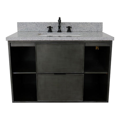37" Single wall mount vanity in Linen Gray finish with Gray granite top and rectangle sink