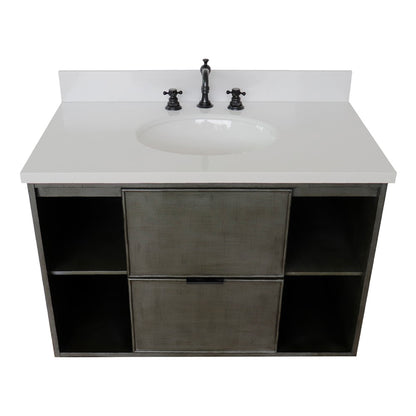 37" Single wall mount vanity in Linen Gray finish with White engineered stone top and oval sink