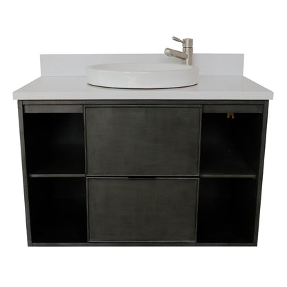 37" Single wall mount vanity in Linen Gray finish with White engineered stone top and round sink