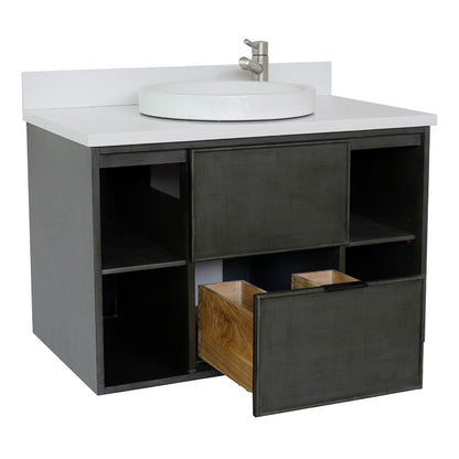 37" Single wall mount vanity in Linen Gray finish with White engineered stone top and round sink