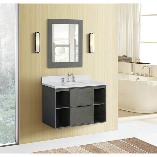 37" Single wall mount vanity in Linen Gray finish with White engineered stone top and rectangle sink
