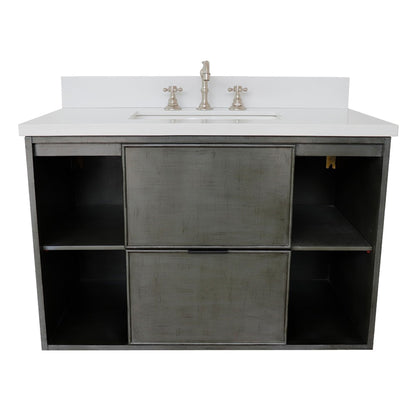 37" Single wall mount vanity in Linen Gray finish with White engineered stone top and rectangle sink