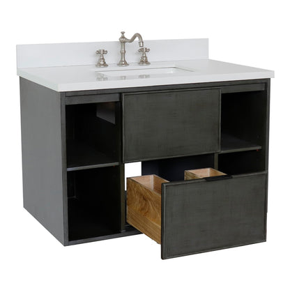37" Single wall mount vanity in Linen Gray finish with White engineered stone top and rectangle sink