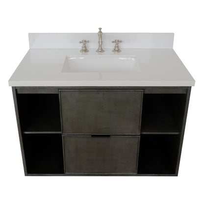 37" Single wall mount vanity in Linen Gray finish with White engineered stone top and rectangle sink