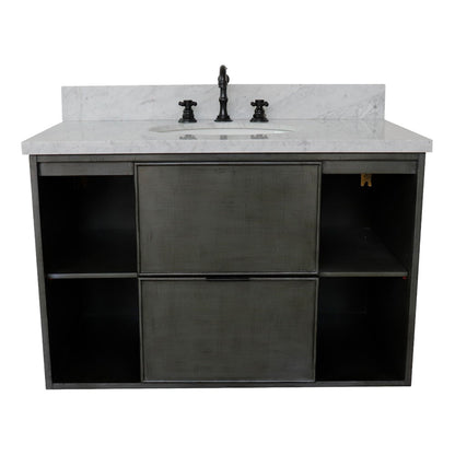 37" Single wall mount vanity in Linen Gray finish with White Carrara top and oval sink