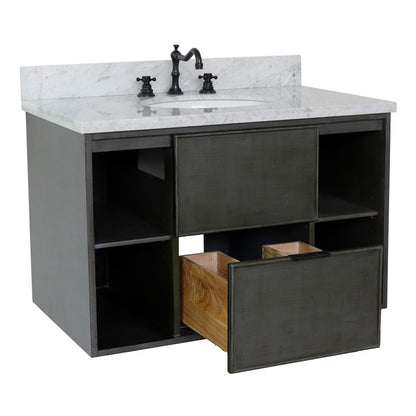 37" Single wall mount vanity in Linen Gray finish with White Carrara top and oval sink