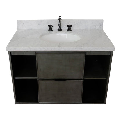 37" Single wall mount vanity in Linen Gray finish with White Carrara top and oval sink