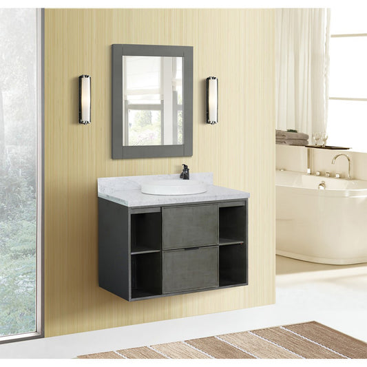 37" Single wall mount vanity in Linen Gray finish with White Carrara top and round sink