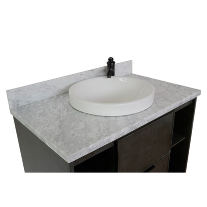 37" Single wall mount vanity in Linen Gray finish with White Carrara top and round sink