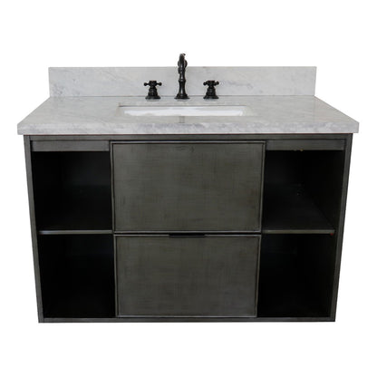 37" Single wall mount vanity in Linen Gray finish with White Carrara top and rectangle sink
