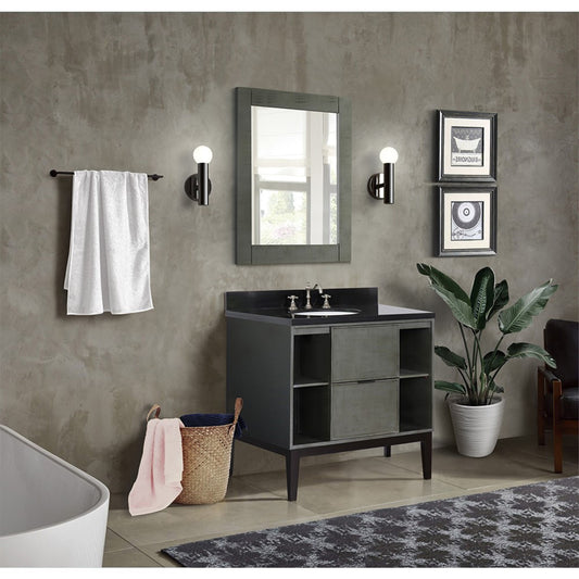 37" Single vanity in Linen Gray finish with Black Galaxy top and oval sink