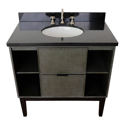 37" Single vanity in Linen Gray finish with Black Galaxy top and oval sink