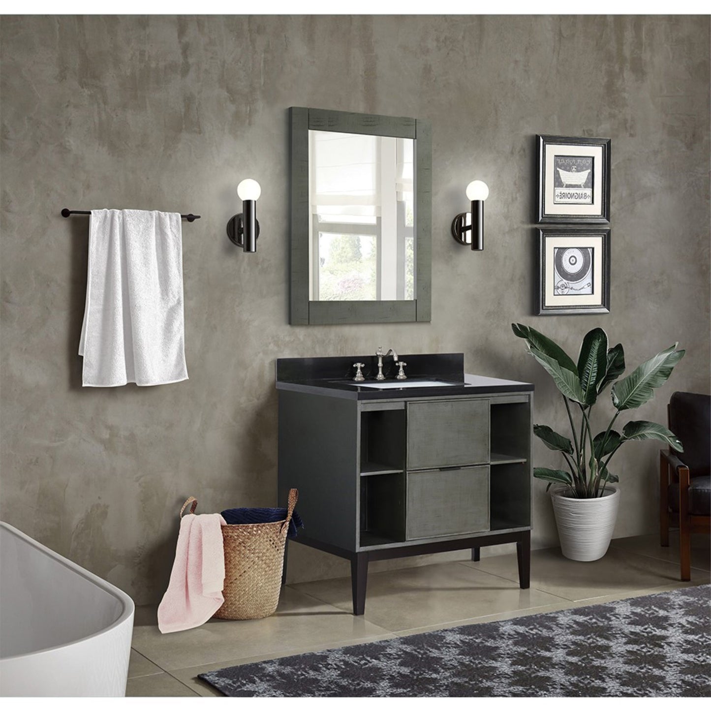 37" Single vanity in Linen Gray finish with Black Galaxy top and rectangle sink