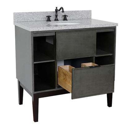 37" Single vanity in Linen Gray finish with Gray granite top and oval sink