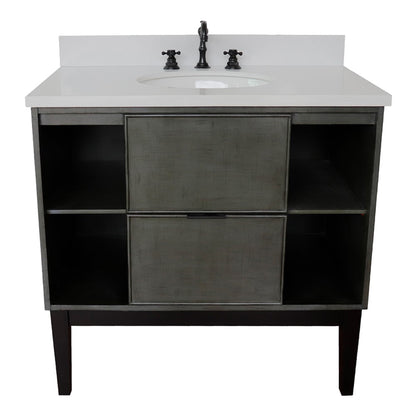 37" Single vanity in Linen Gray finish with White engineered stone top and oval sink
