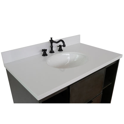 37" Single vanity in Linen Gray finish with White engineered stone top and oval sink