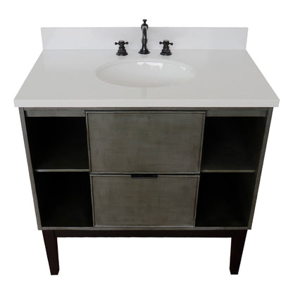 37" Single vanity in Linen Gray finish with White engineered stone top and oval sink
