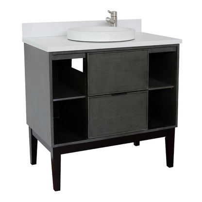 37" Single vanity in Linen Gray finish with White engineered stone top and round sink