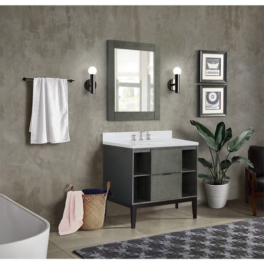 37" Single vanity in Linen Gray finish with White engineered stone top and rectangle sink