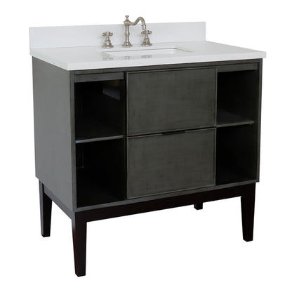 37" Single vanity in Linen Gray finish with White engineered stone top and rectangle sink