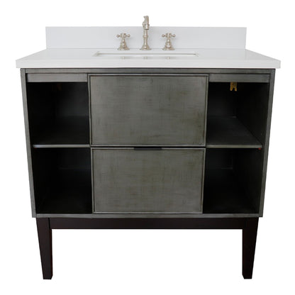 37" Single vanity in Linen Gray finish with White engineered stone top and rectangle sink