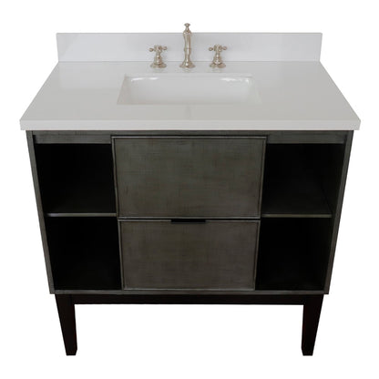 37" Single vanity in Linen Gray finish with White engineered stone top and rectangle sink