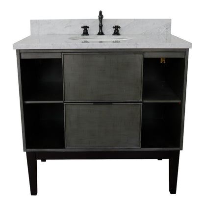 37" Single vanity in Linen Gray finish with White Carrara top and oval sink