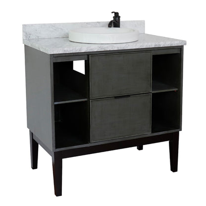 37" Single vanity in Linen Gray finish with White Carrara top and round sink