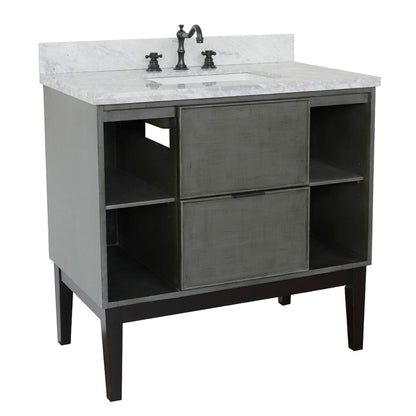 37" Single vanity in Linen Gray finish with White Carrara top and rectangle sink