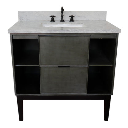 37" Single vanity in Linen Gray finish with White Carrara top and rectangle sink