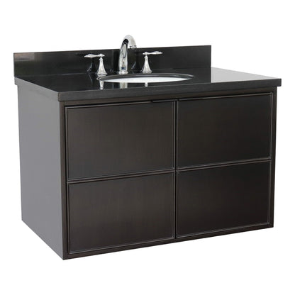 37" Single wall mount vanity in Cappuccino finish with Black Galaxy top and oval sink