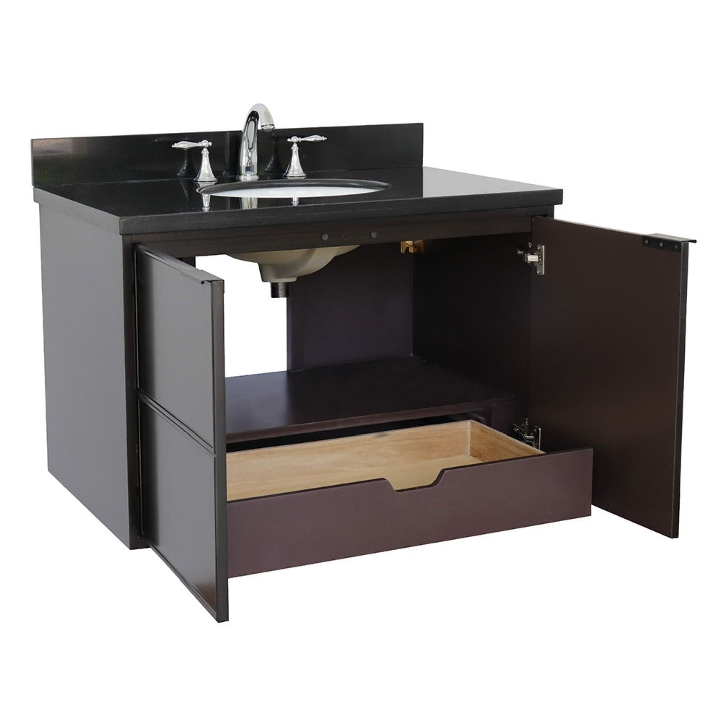 37" Single wall mount vanity in Cappuccino finish with Black Galaxy top and oval sink