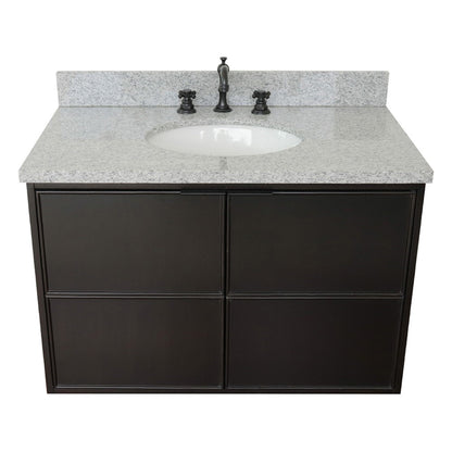 37" Single wall mount vanity in Cappuccino finish with Gray granite top and oval sink