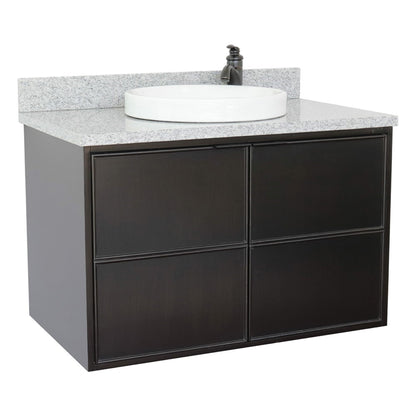 37" Single wall mount vanity in Cappuccino finish with Gray granite top and round sink